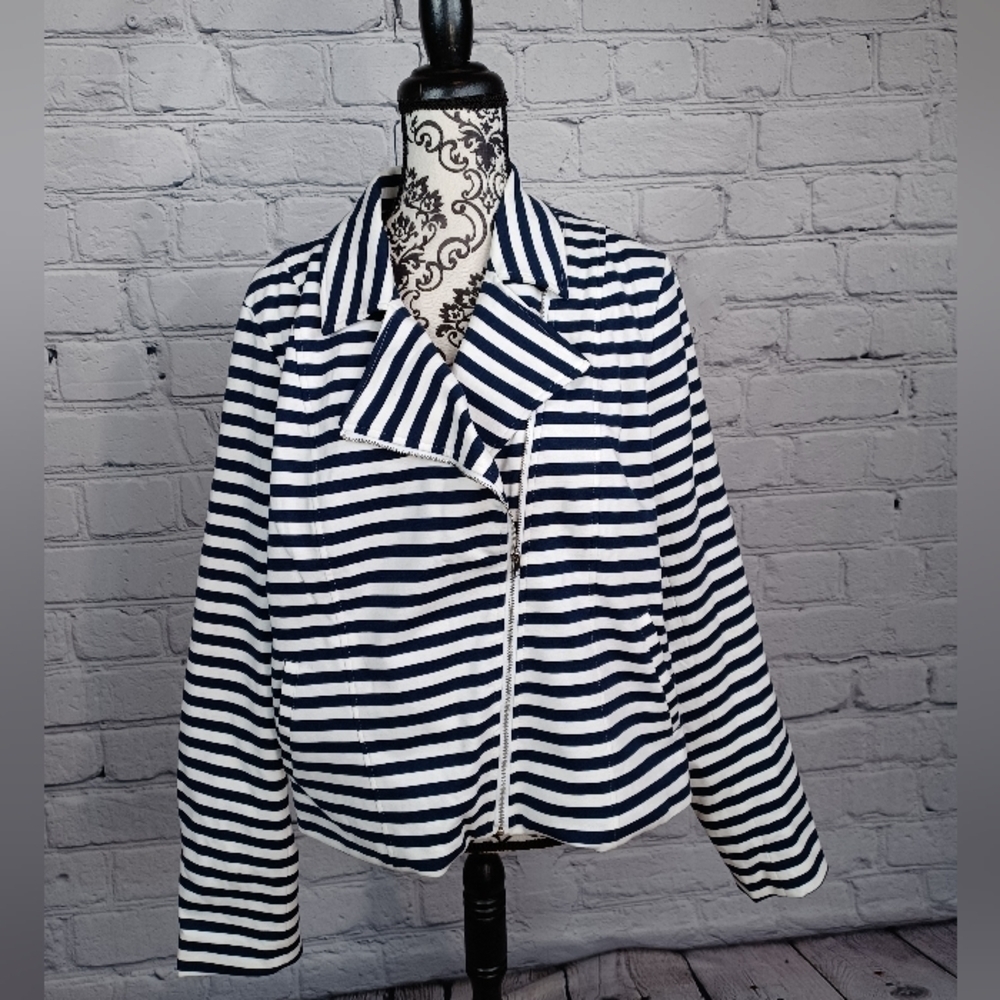 Lane Bryant womens long sleeve striped print stretch knit moto jacket sz 18 bb10